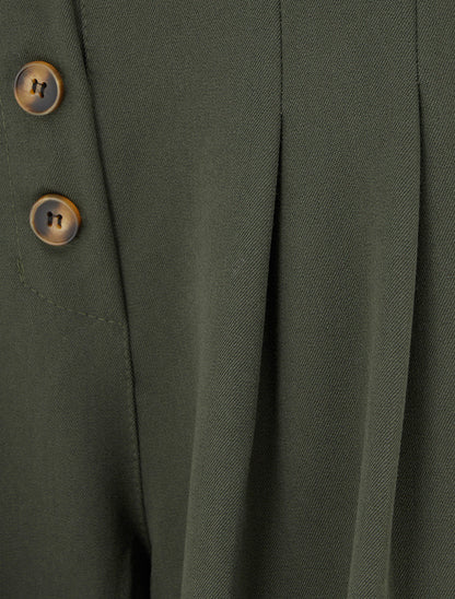 Pantalon ample à taille haute élastiquée et boutonnée - Kaki - 3