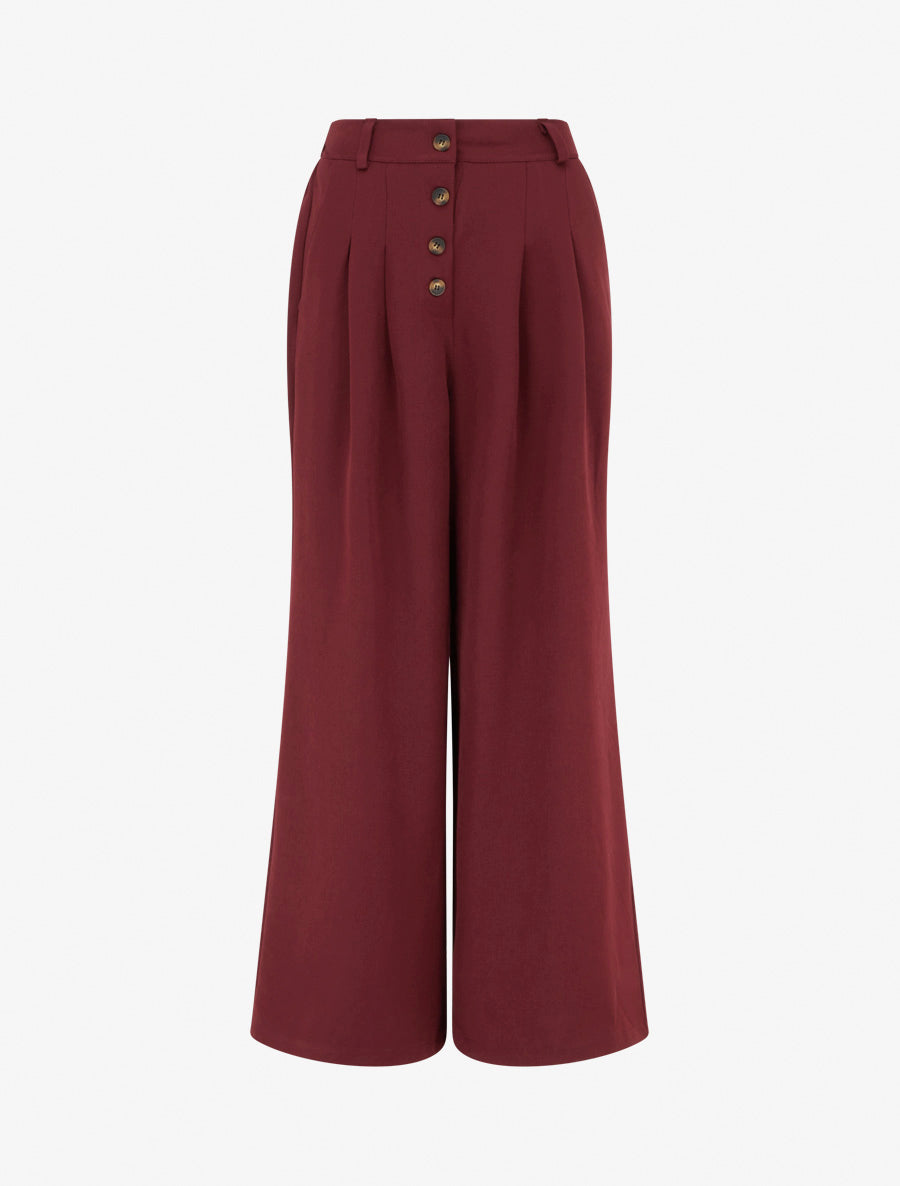 Pantalon ample à taille haute élastiquée et boutonnée - Bordeaux - 1