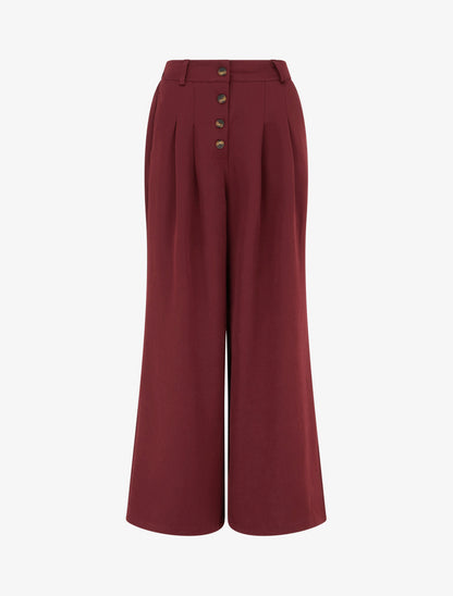 Pantalon ample à taille haute élastiquée et boutonnée - Bordeaux - 1