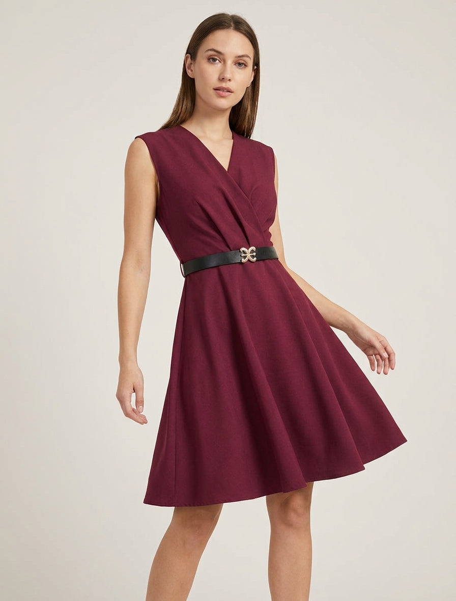 Robe patineuse sans manches à col cache-coeur - Lie de vin