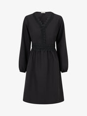 Robe évasée unie à manches longues et dentelle - Noir - 1