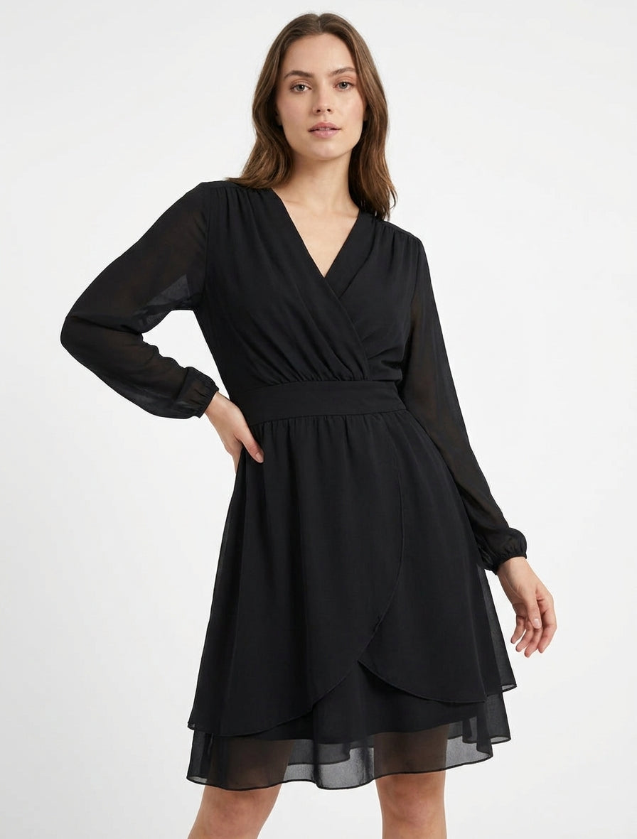 Robe unie style portefeuille à manches longues - Noir