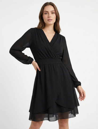 Robe unie style portefeuille à manches longues - Noir