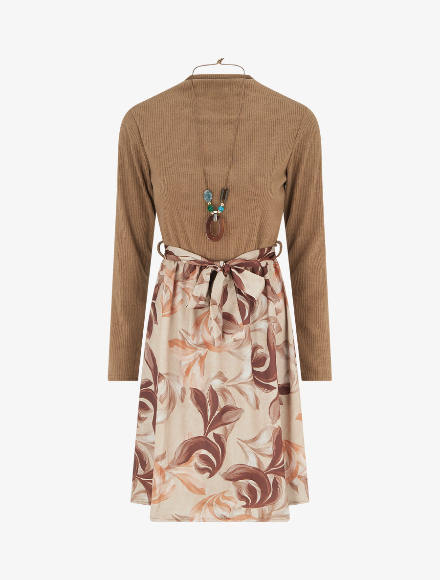 Robe bimatière à imprimé feuillage stylisé - Camel - 1