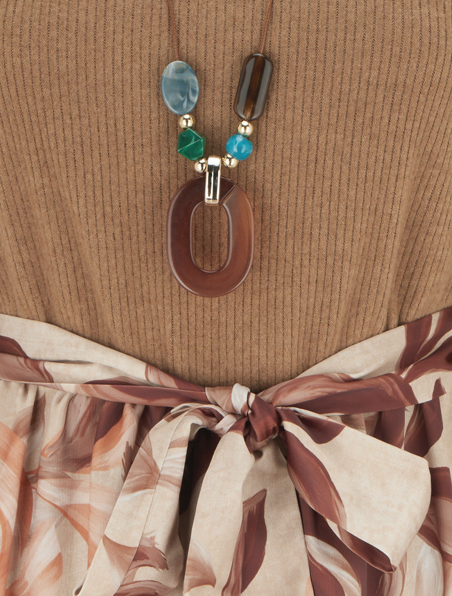 Robe bimatière à imprimé feuillage stylisé - Camel - 3