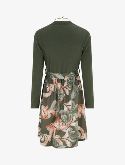 Robe bimatière à imprimé feuillage stylisé - Kaki - 2