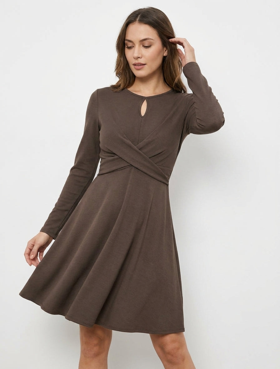 Robe patineuse à taille effet croisé - Marron