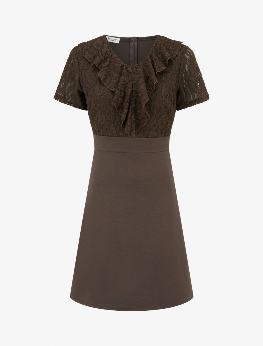 Robe droite à buste volanté en dentelle - Marron - 1