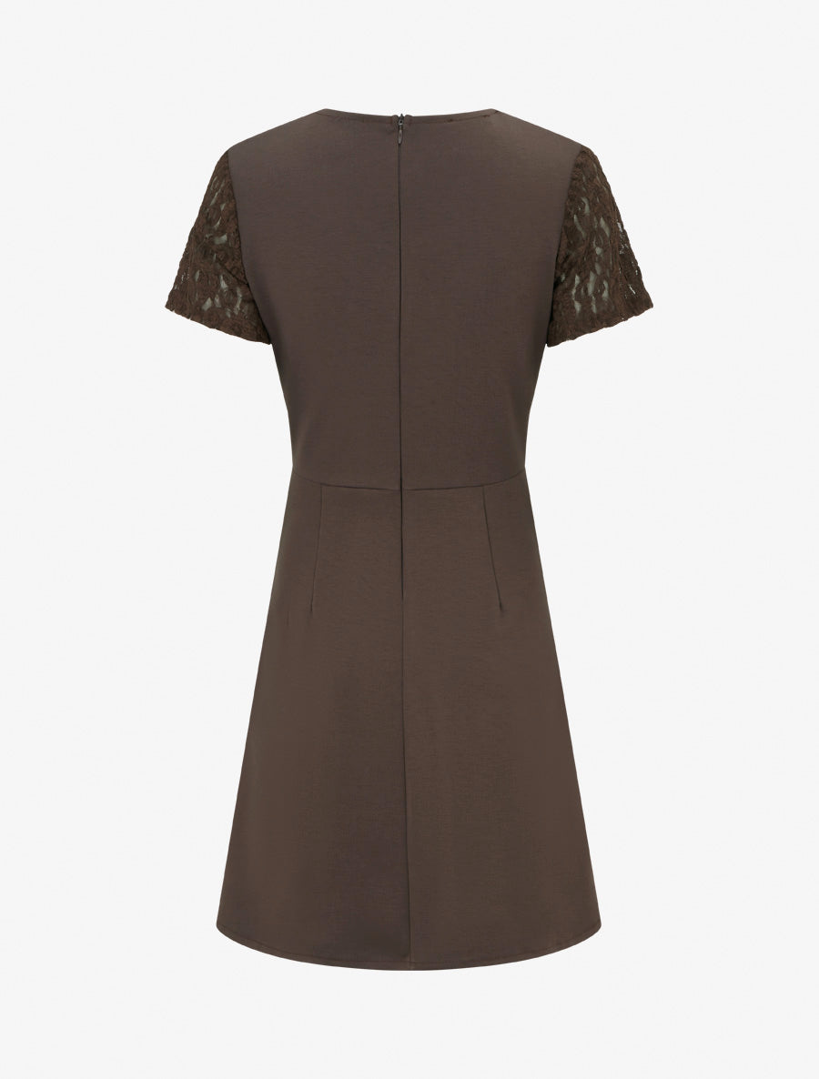 Robe droite à buste volanté en dentelle - Marron - 2
