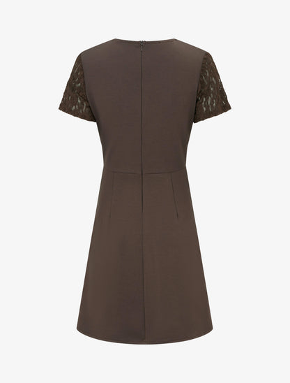 Robe droite à buste volanté en dentelle - Marron - 2