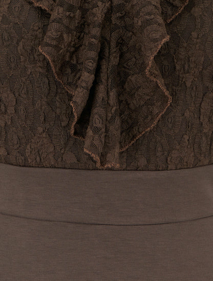 Robe droite à buste volanté en dentelle - Marron - 3