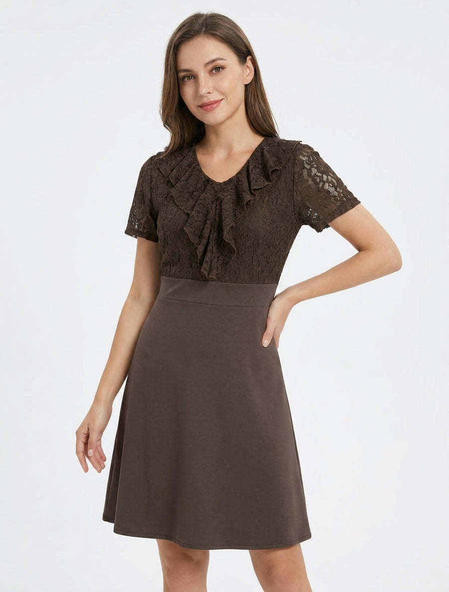 Robe droite à buste volanté en dentelle - Marron