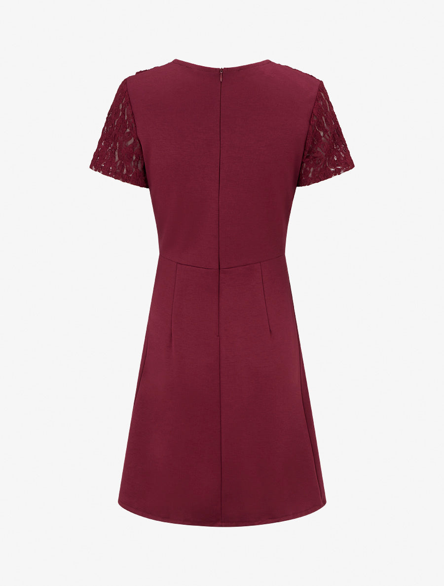 Robe droite à buste volanté en dentelle - Lie de vin - 2