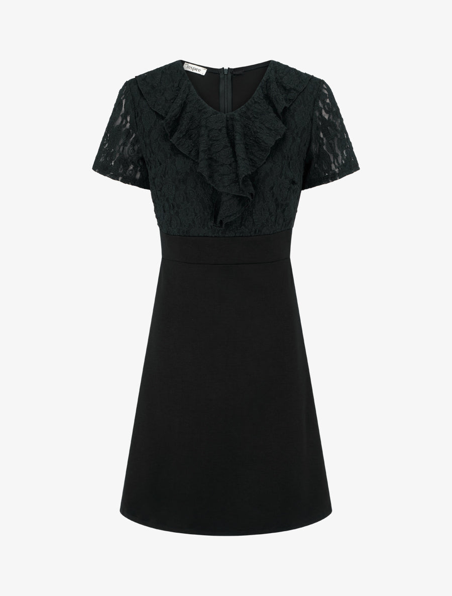 Robe droite à buste volanté en dentelle - Noir - 1