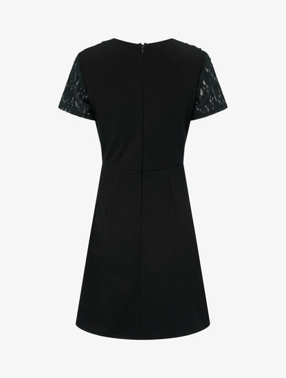 Robe droite à buste volanté en dentelle - Noir - 2