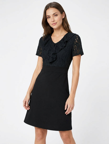 Robe droite à buste volanté en dentelle - Noir