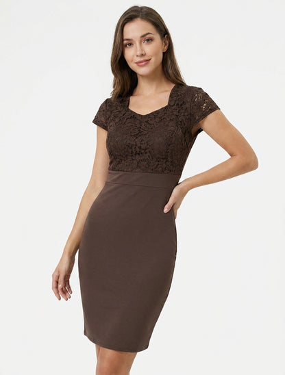 Robe moulante à buste en dentelle et manches courtes - Marron