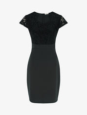 Robe moulante à buste en dentelle et manches courtes - Noir - 1