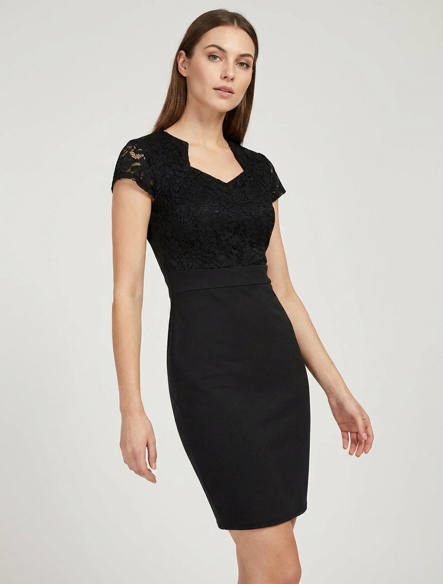 Robe moulante à buste en dentelle et manches courtes - Noir