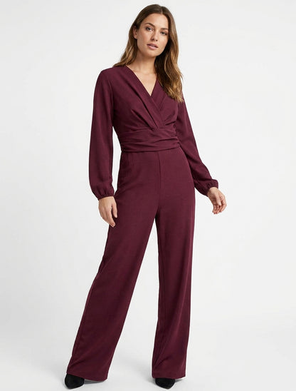 Lange mouwen jumpsuit met gedrapeerd taille-effect - Wijnrood