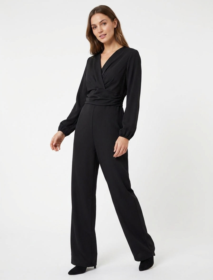 Lange mouwen jumpsuit met gedrapeerd taille-effect - Zwart