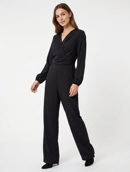 Lange mouwen jumpsuit met gedrapeerd taille-effect - Zwart