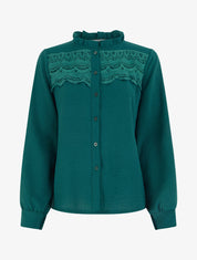 Blouse à col montant volanté et dentelle - Vert foncé - 1