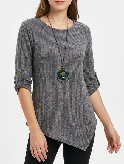 Pull effet côtelé à manches longues retroussables - Gris