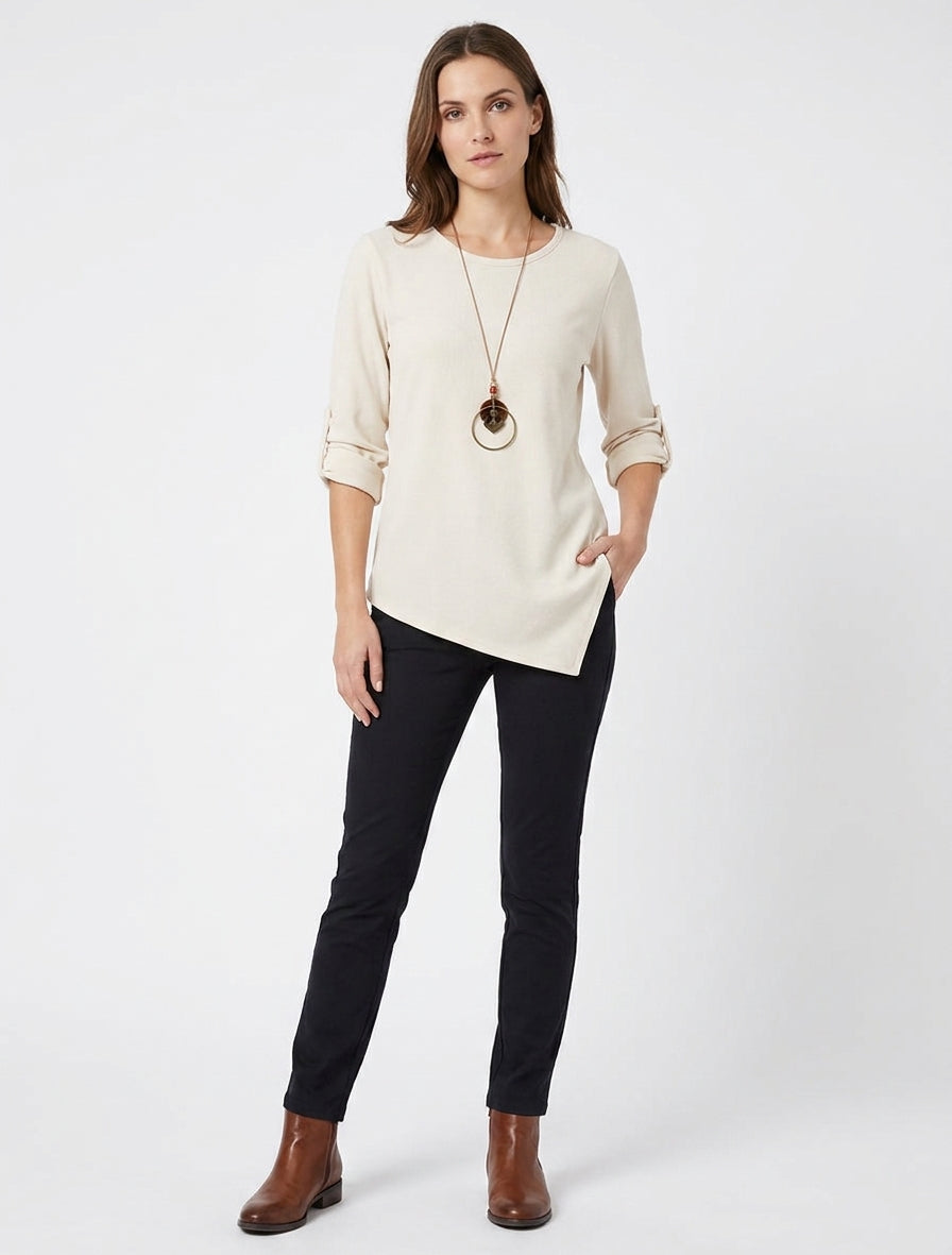 Pull uni à manches longues retroussables - Crème