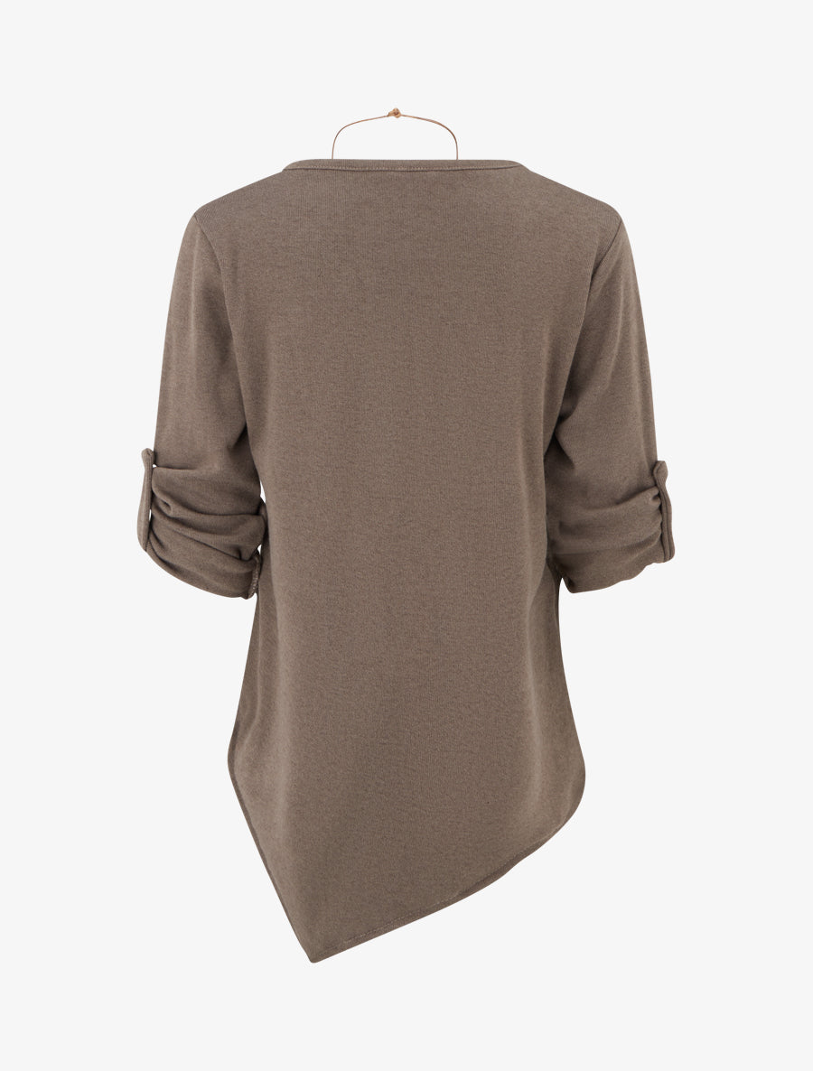 Pull uni à manches longues retroussables - Taupe - 2