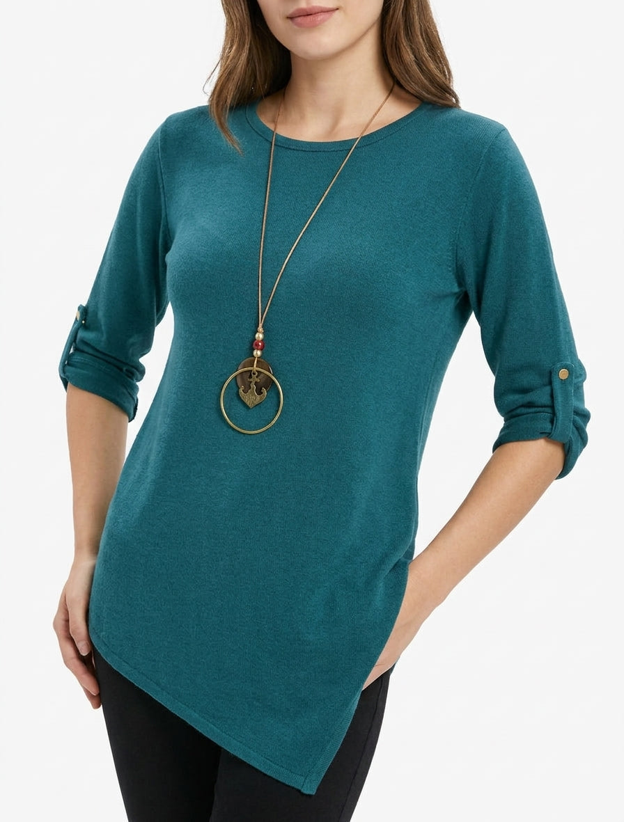 Effen trui met oprolbare lange mouwen - Eendenblauw
