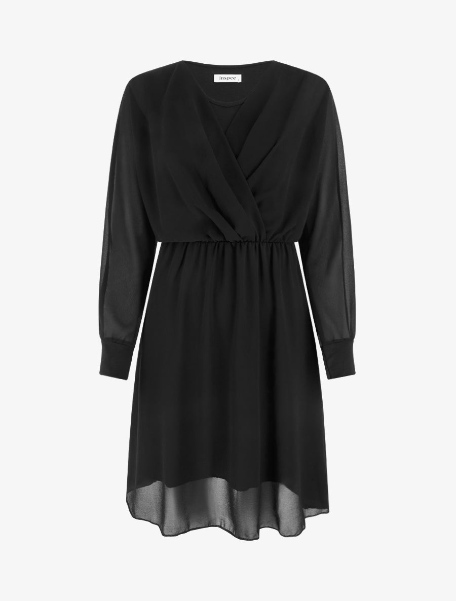 Robe évasée en voile à col cache-coeur - Noir - 1