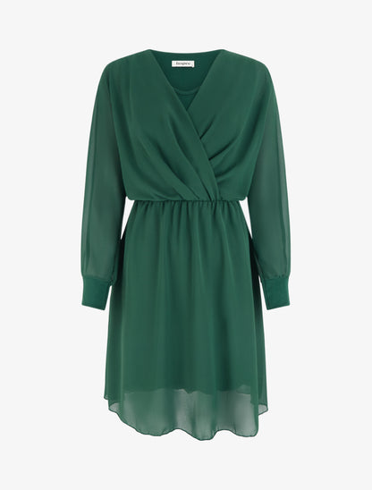 Robe évasée en voile à col cache-coeur - Vert foncé - 1