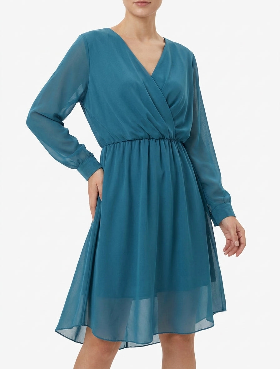 Robe évasée en voile à col cache-coeur - Bleu canard