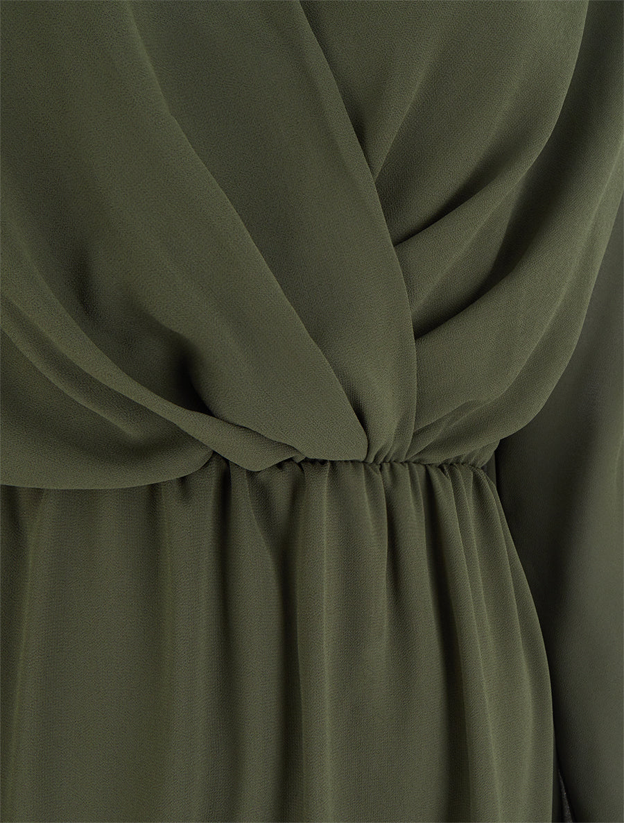 Robe évasée en voile à col cache-coeur - Kaki - 3