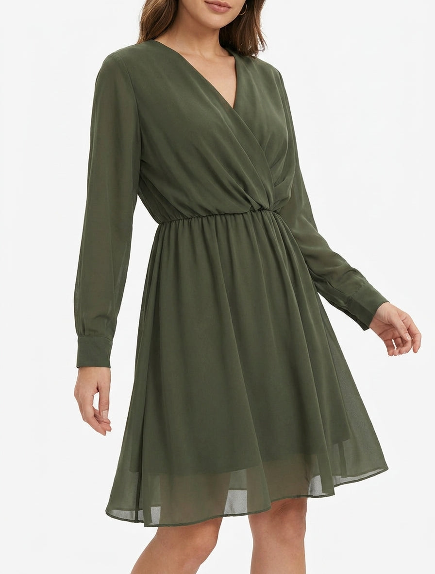 Robe évasée en voile à col cache-coeur - Kaki