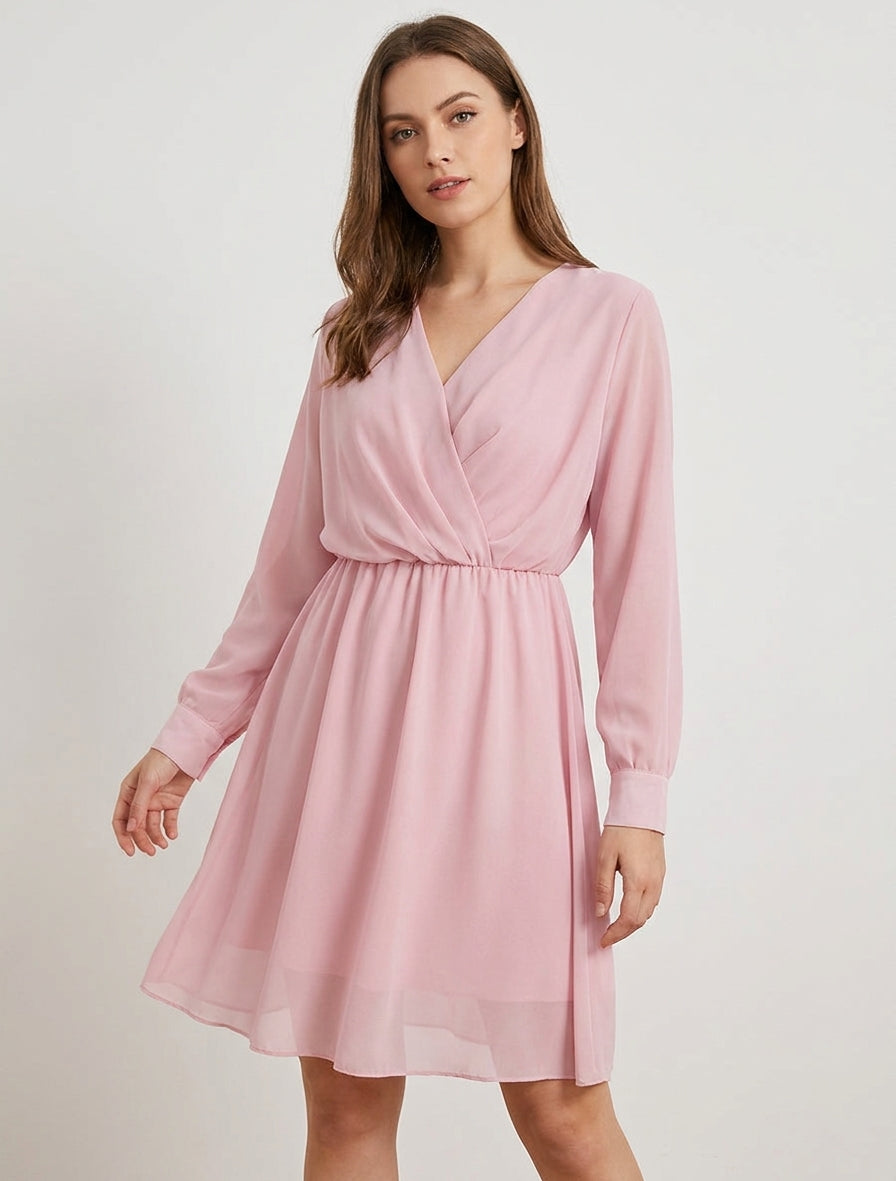 Robe évasée en voile à col cache-coeur - Rose