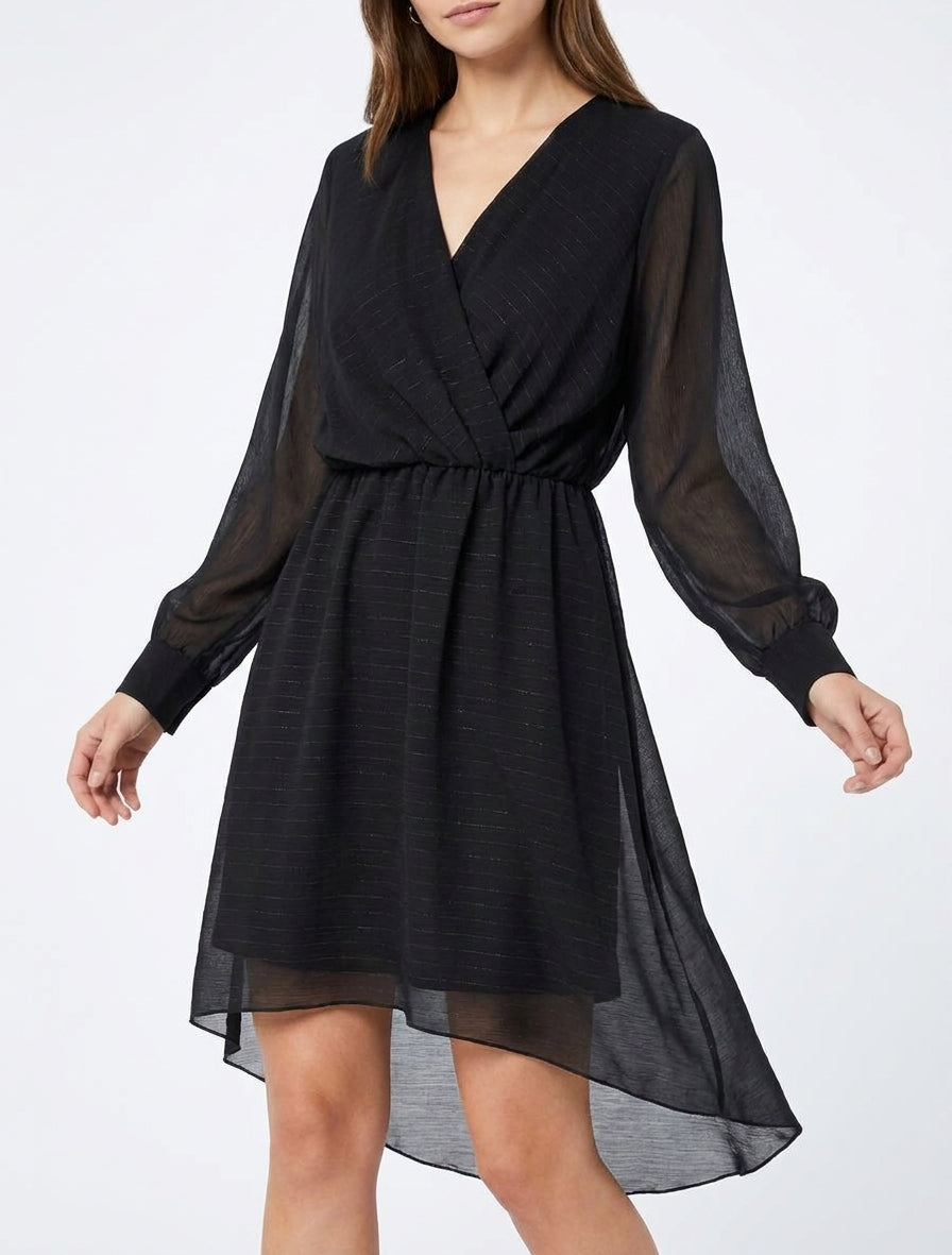 Robe évasée en voile irisé à col cache-coeur - Noir