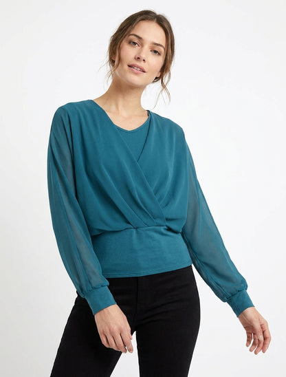 Top met vleermuismouwen en overslagpanelen - Eendenblauw