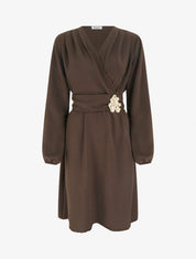 Robe à col cache-coeur et bijou martelé - Marron - 1