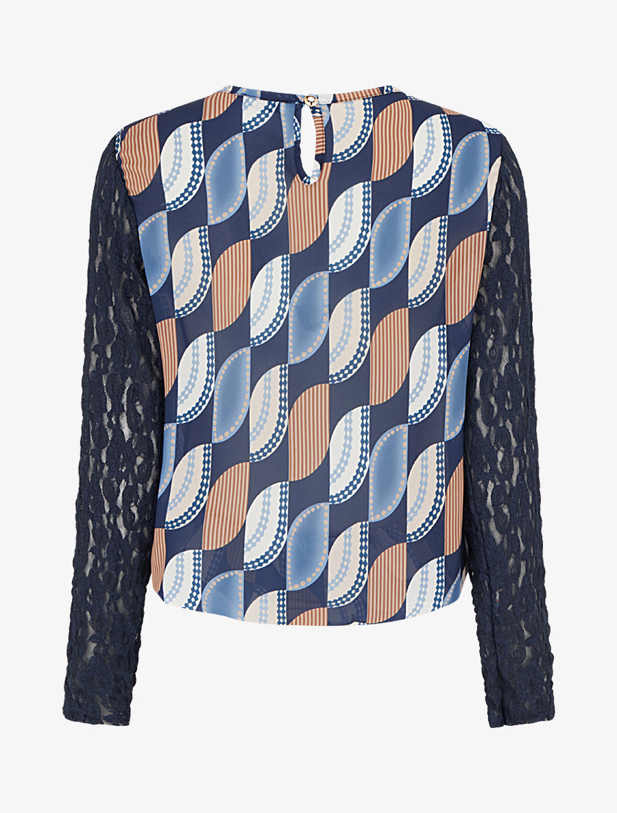 Top boule imprimé graphique à manches longues en dentelle - Marine - 2