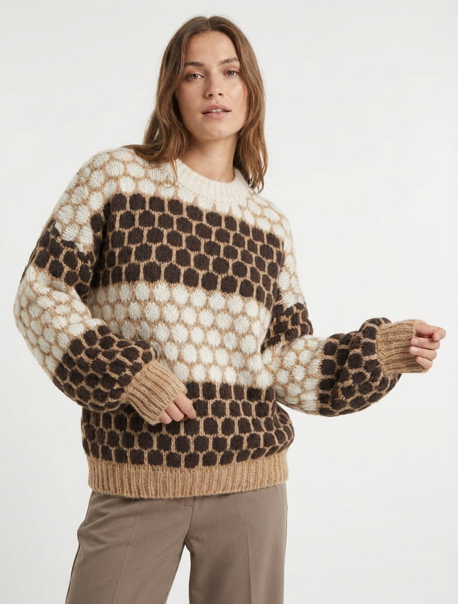 Trui van mohairmix met ronde motieven - Bruin/ecru