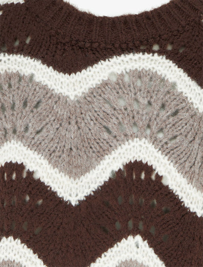 Pull en mohair mélangé à motif rayures courbées - Marron/taupe - 3