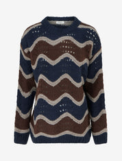Pull en mohair mélangé à motif rayures courbées - Marron/marine - 1