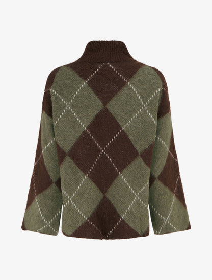 Pull à col montant et motif carreaux en mohair mélangé - Kaki - 2