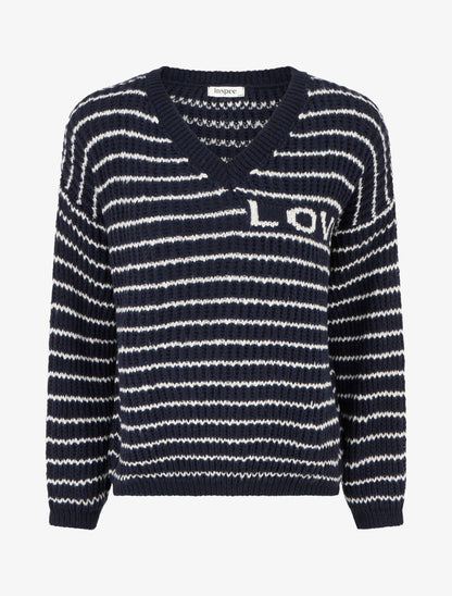 Pull mohair inscription LOVE à rayures - Marine - 1