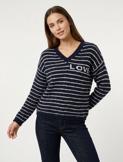 Mohair trui met LOVE opschrift en strepen - Marine