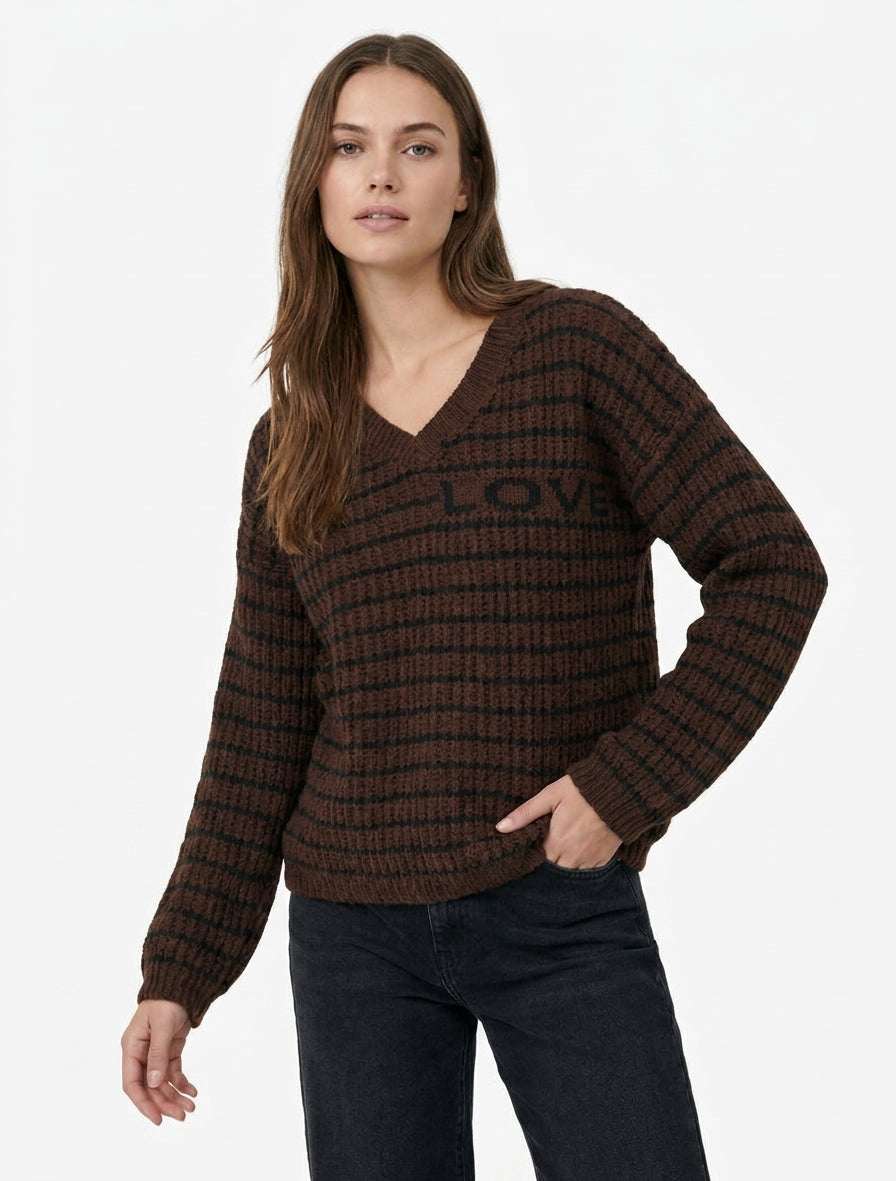Mohair trui met LOVE opschrift en strepen - Bruin