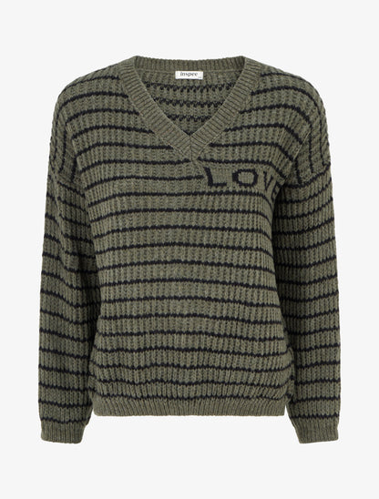 Pull mohair inscription LOVE à rayures - Kaki - 1