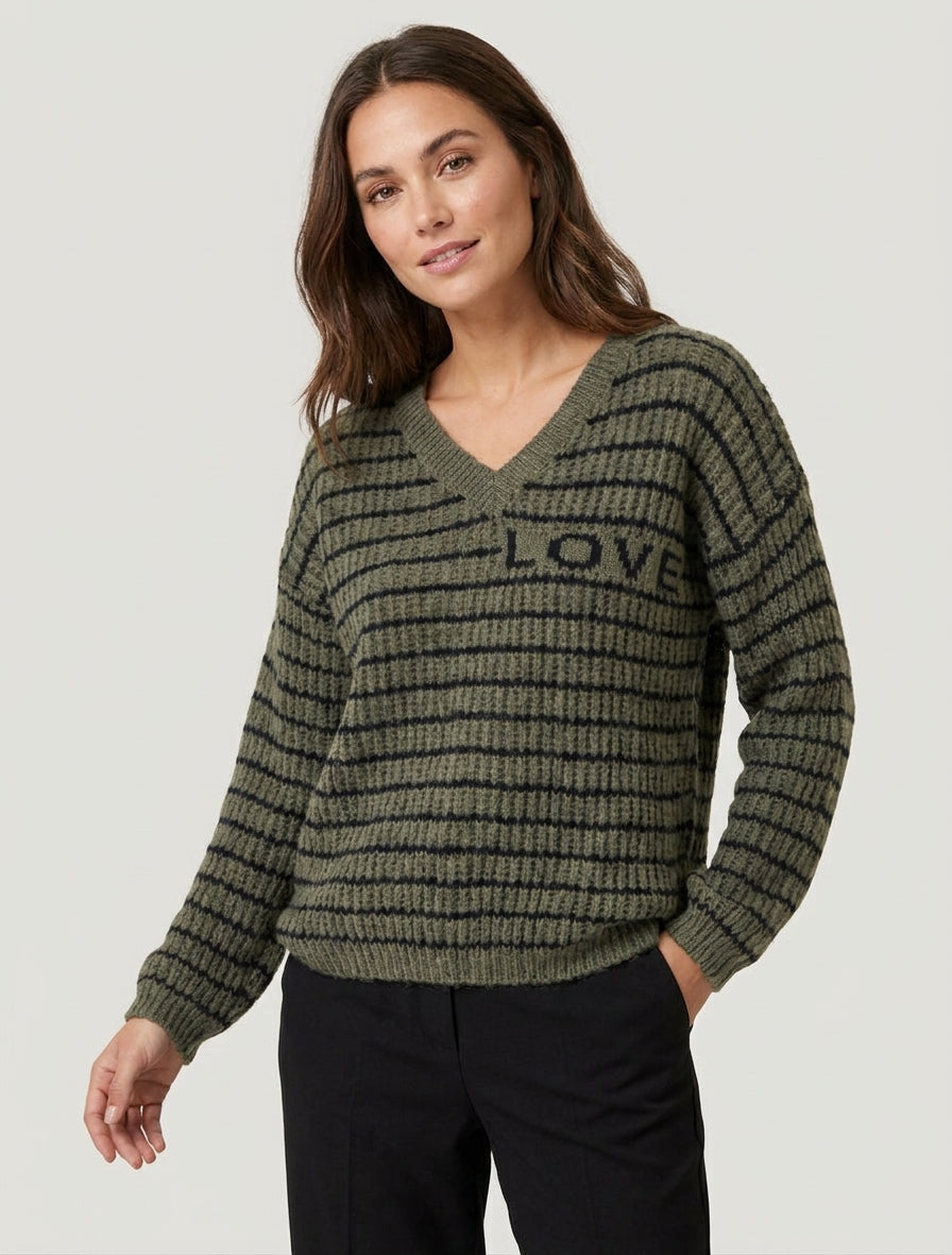 Mohair trui met LOVE opschrift en strepen - Kaki